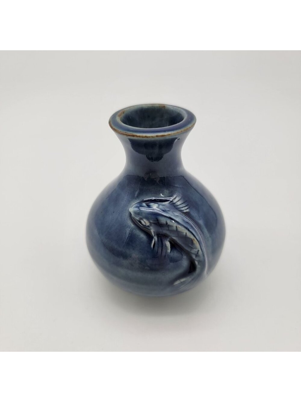 Vintage Blue Pottery Vase With Relief Fish Motif